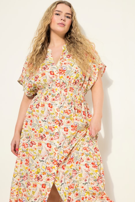 Maxikleid, A-Line, Flowerprint, Knopfleiste