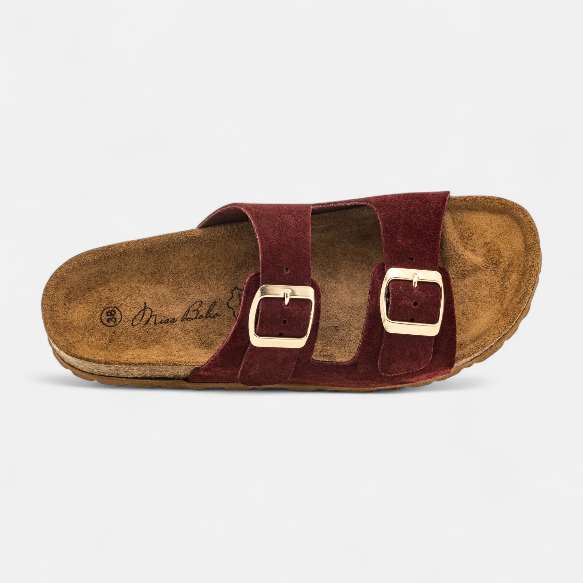 Mules semelle liège Femme en cuir bordeaux
