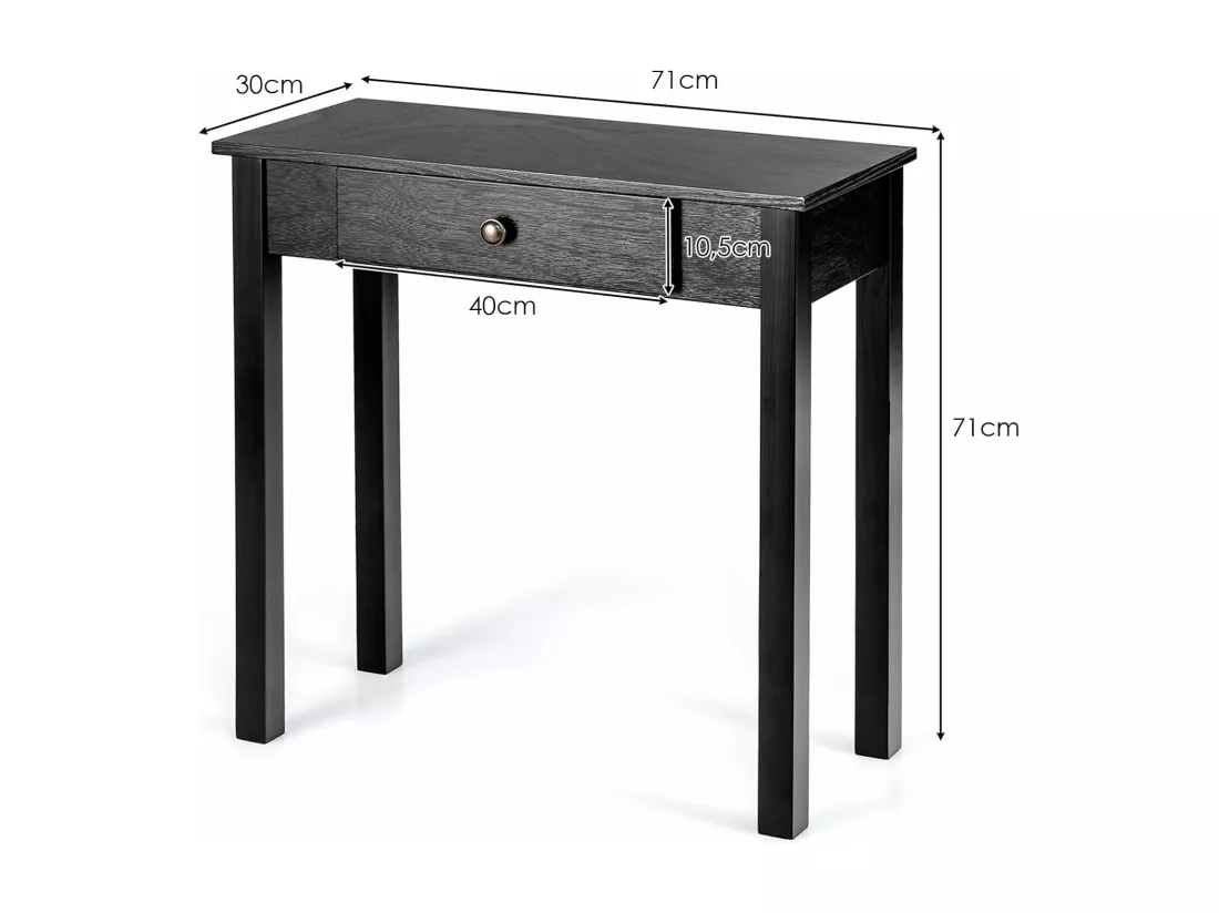 Table console avec tiroir, table de chevet avec pieds en bois massif, marron/noir (noir)