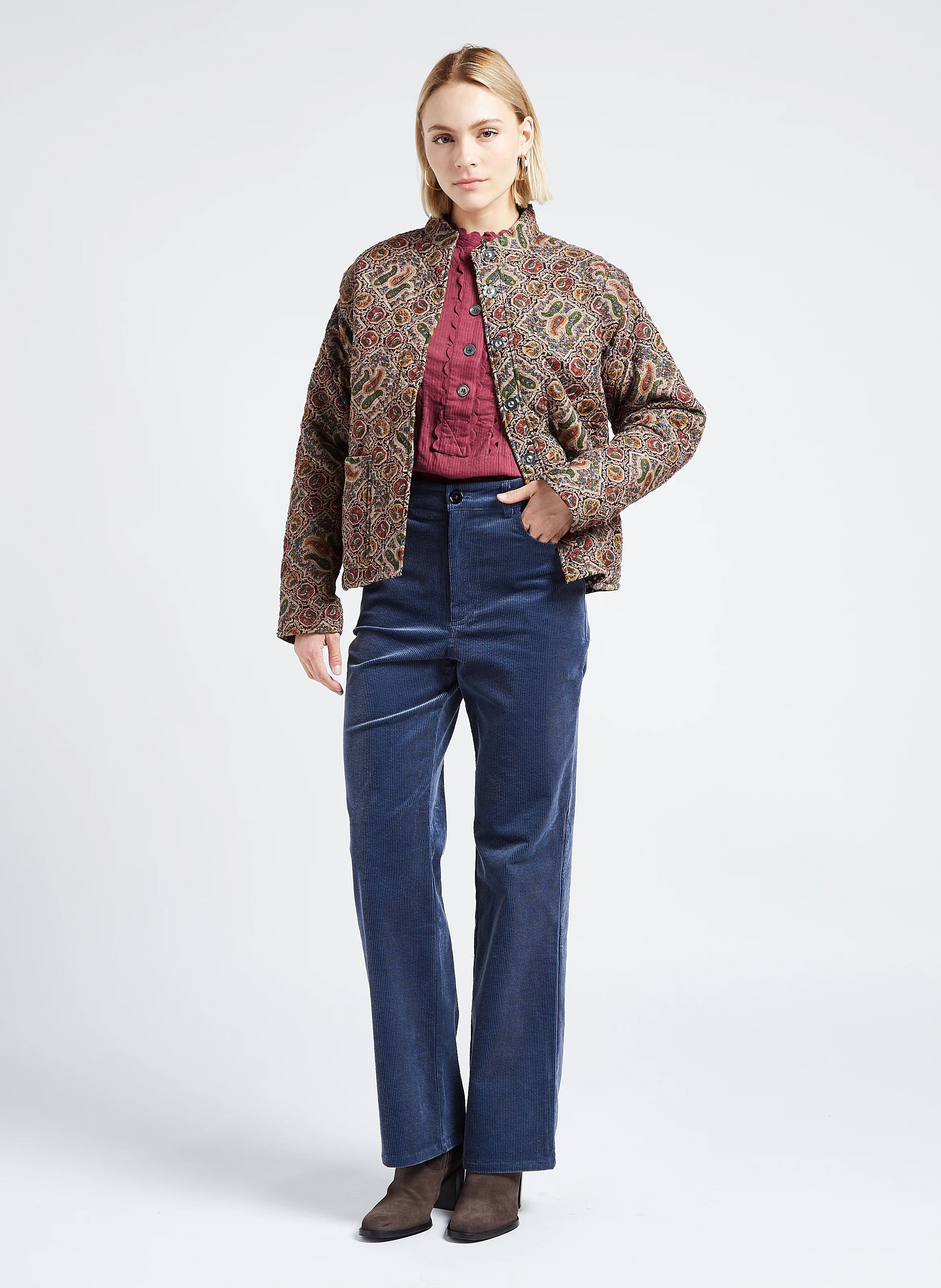 TILDA - Pantalon droit taille haute en coton mélangé | Bleu