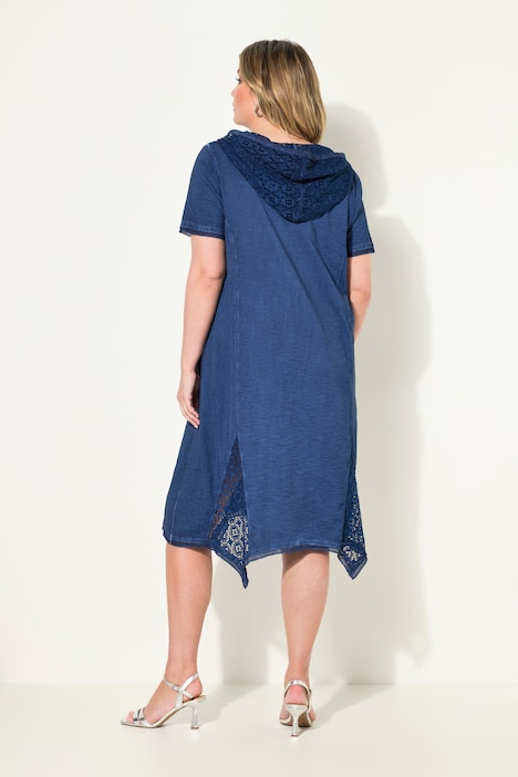 Jerseykleid, A-Linie, cold dyed, Kapuze, Stickerei-Einsätze, Halbarm