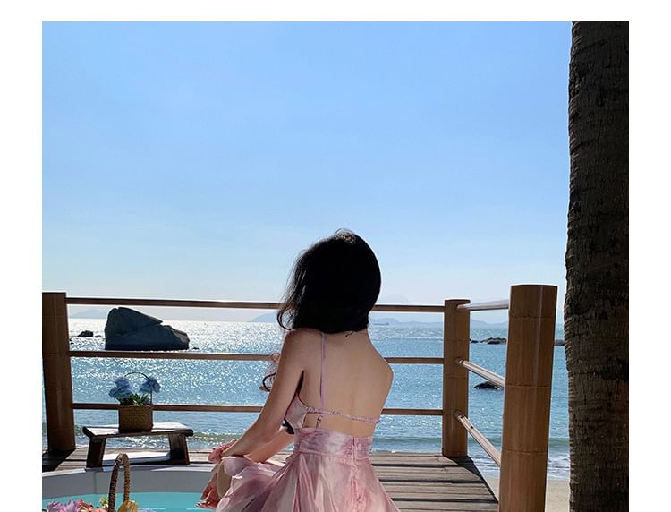 Moanum - Spaghettibandjes Tie Dye Asymmetrische Maxi A-lijn Jurk