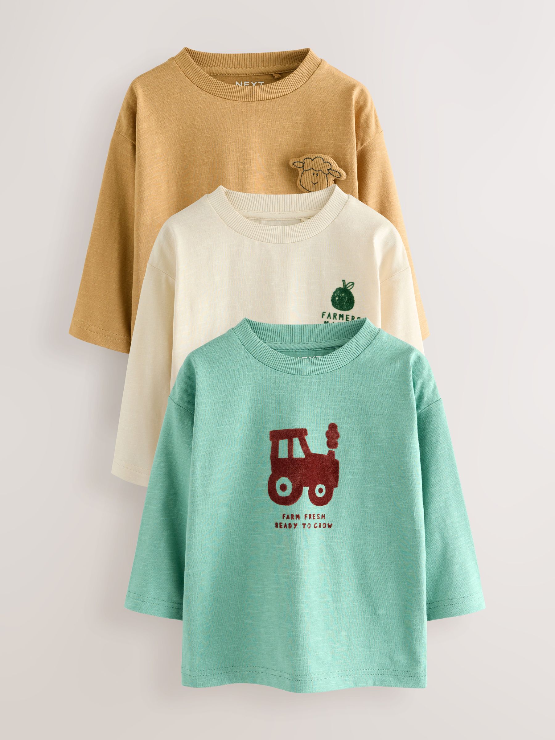 Blauw/bruine boerderij - Set van 3 T-shirts met grafische print en lange mouwen (3mnd-7jr)