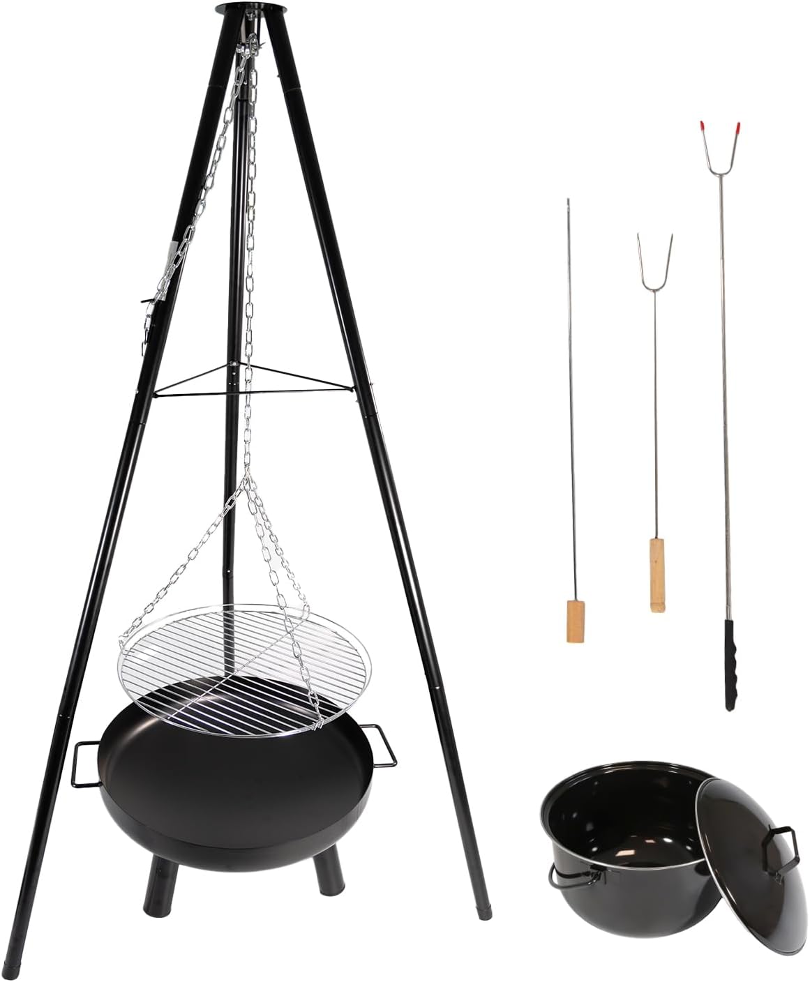 LEMODO Schwenkgrill mit Feuerschale, Dreibein Grill mit Grillrost, Hängegrill mit Gulaschkessel, 3 Bein Grill für BBQ, Grillgestell für Gulaschtopf, Holzkohlegrill mit Zubehör