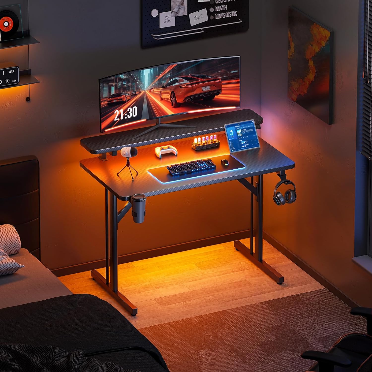 ODK Gaming Tisch, Kleiner Gaming Schreibtisch mit LED Beleuchtung, 80cm Computertisch mit Monitorablage, Carbon Fiber Schwarz PC Gamer Tisch
