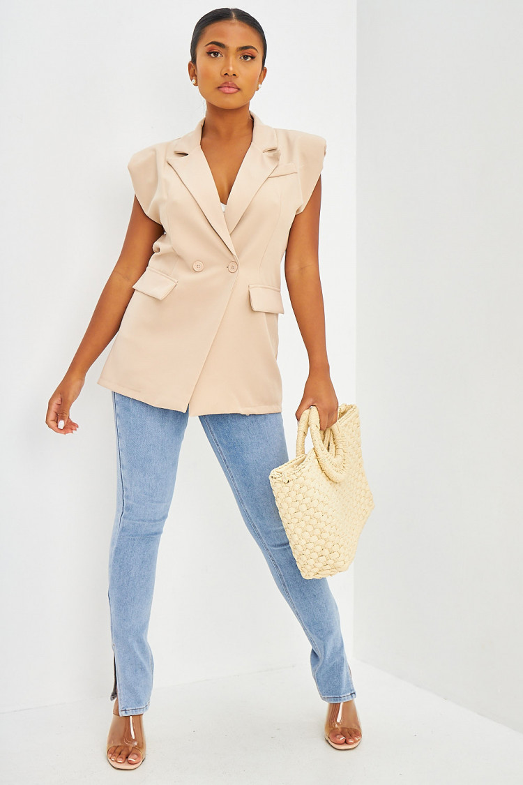 Blazer long à épaulettes sans manches beige