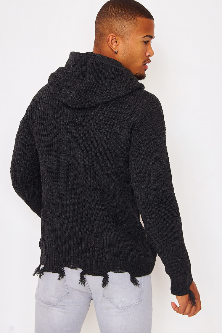 Pull à capuche gris foncé en maille déchiré aux extrémités