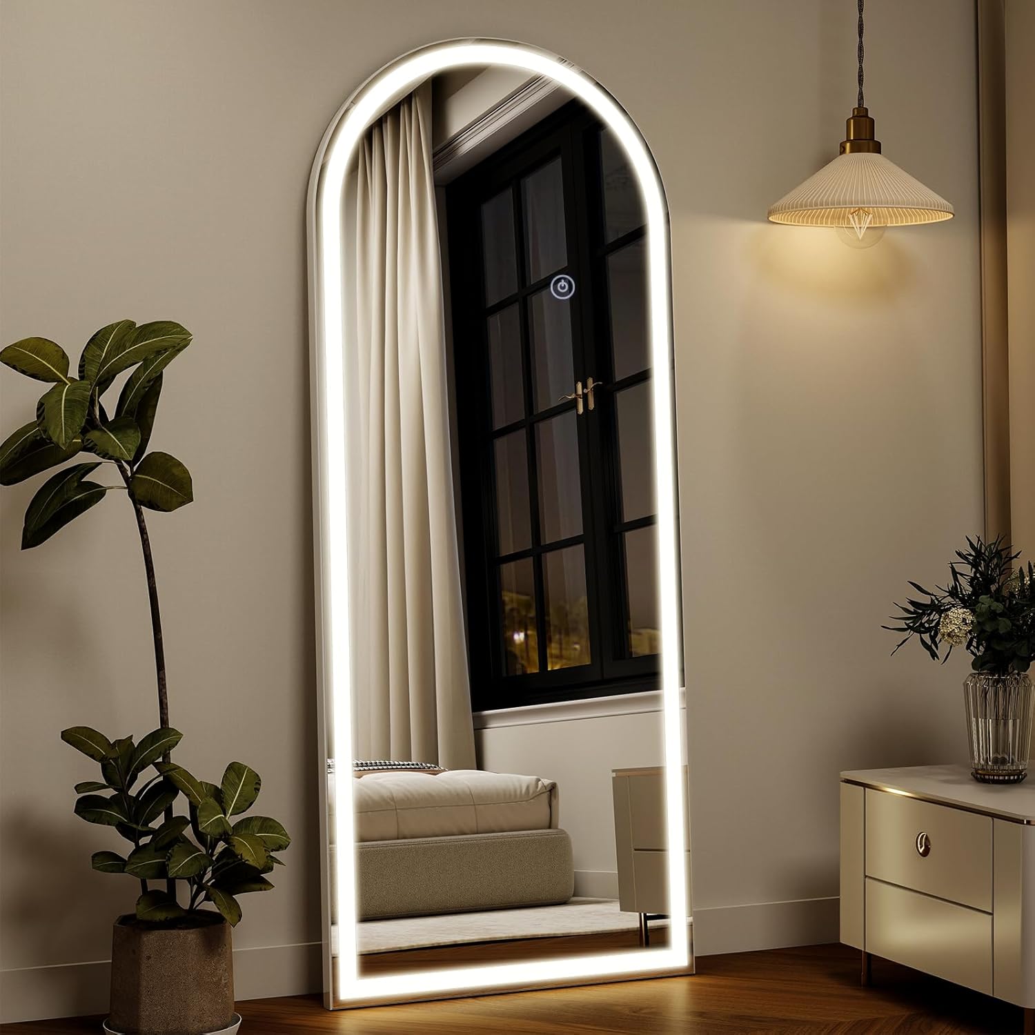 Koonmi 165x60cm LED Ganzkörperspiegel mit Licht - Bogenförmiger Stand und Anlegespiegel - Dimmbar, 3 Farbtemperaturen für Schlafzimmer, Ankleidezimmer