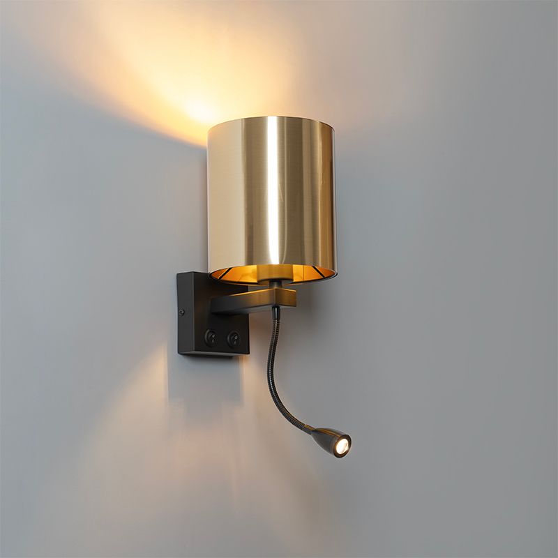 Wandlamp zwart met flexarm en kap goud 15 cm - Brescia