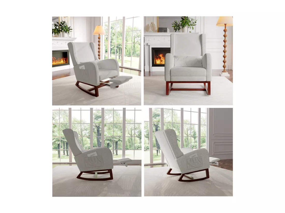 Fauteuil à bascule, Chaise à Bascule avec Repose - Jambes Rétractable Chaise avec Dossier Haut en Bois Massif Chaise Berçante pour Salon, Chambre, Jusqu'à 150 kg - Gris