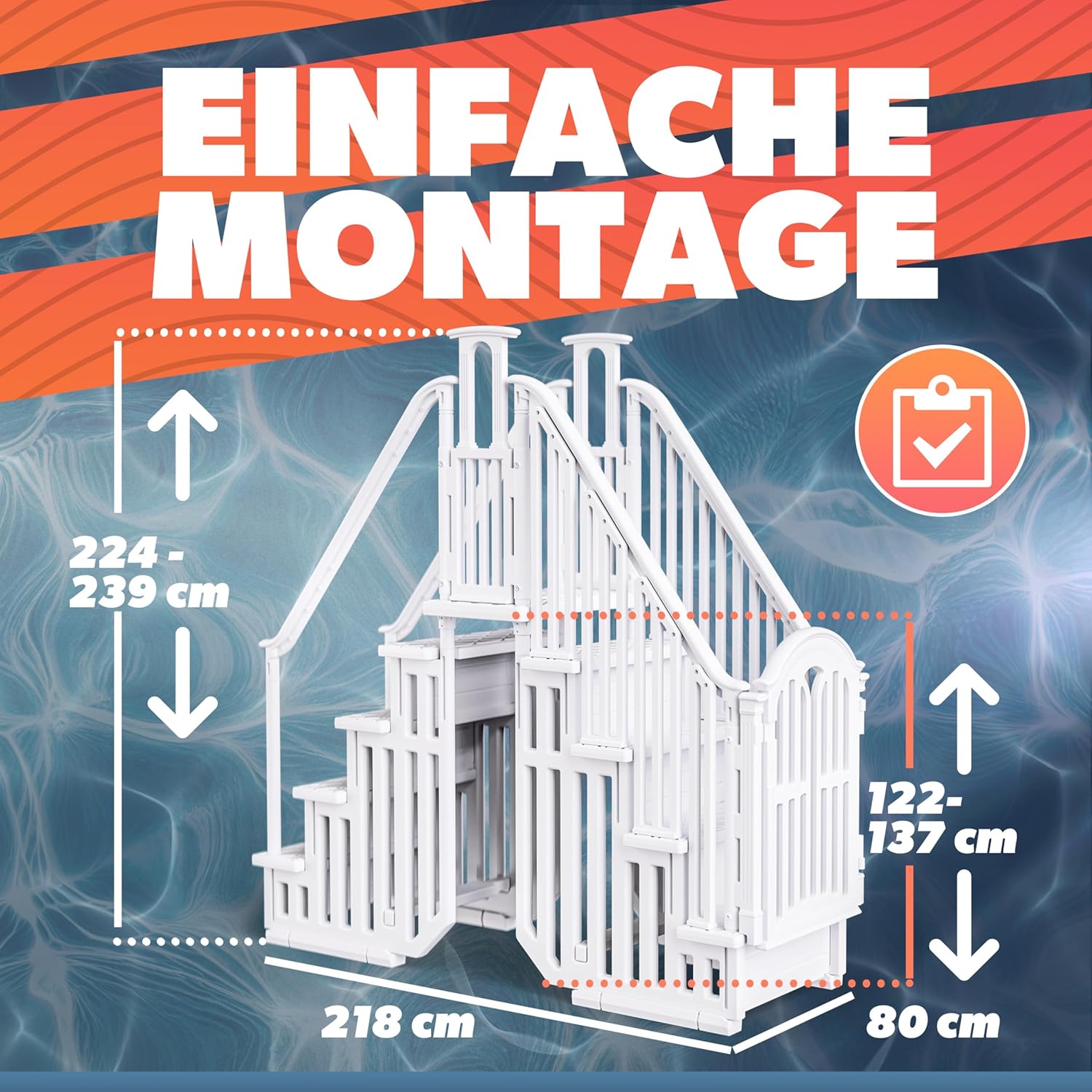 Poolomio Poolleiter beidseitig für Aufstellbecken bis 137 cm Höhe | Doppelte Pooltreppe Easy-Entry aus HDPE-Polyethylen | Leiter mit rutschfesten Sprossen, Geländer und verschliessbarer Tür