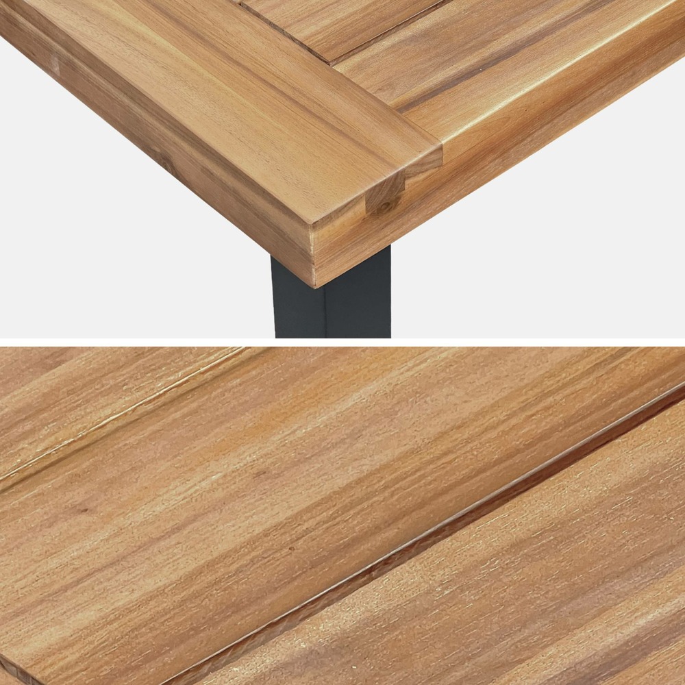 Table intérieur / extérieur santana en bois et métal. 150cm + 4 chaises en corde brasilia noires. Empilables