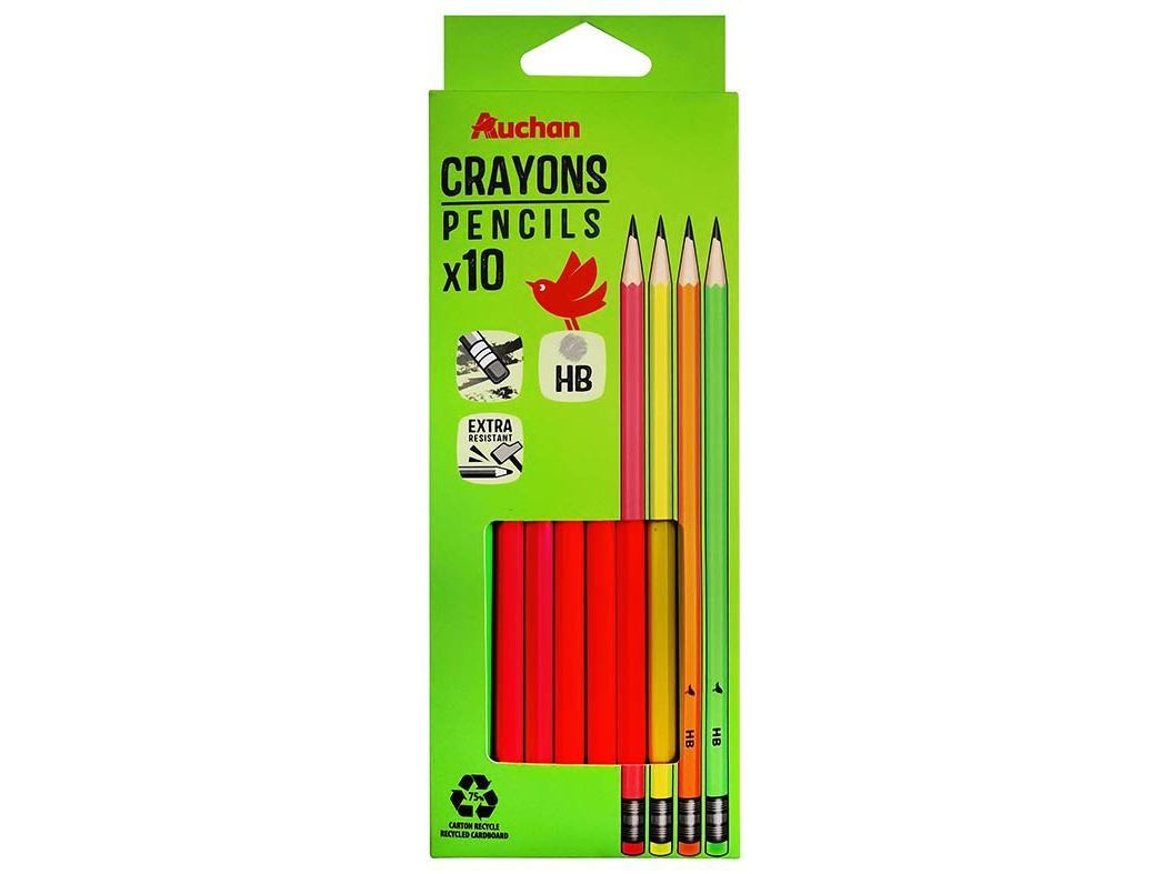 CONJUNTO DE 10 LÁPIS AUCHAN GRAFITE HB COM BORRACHA NEON