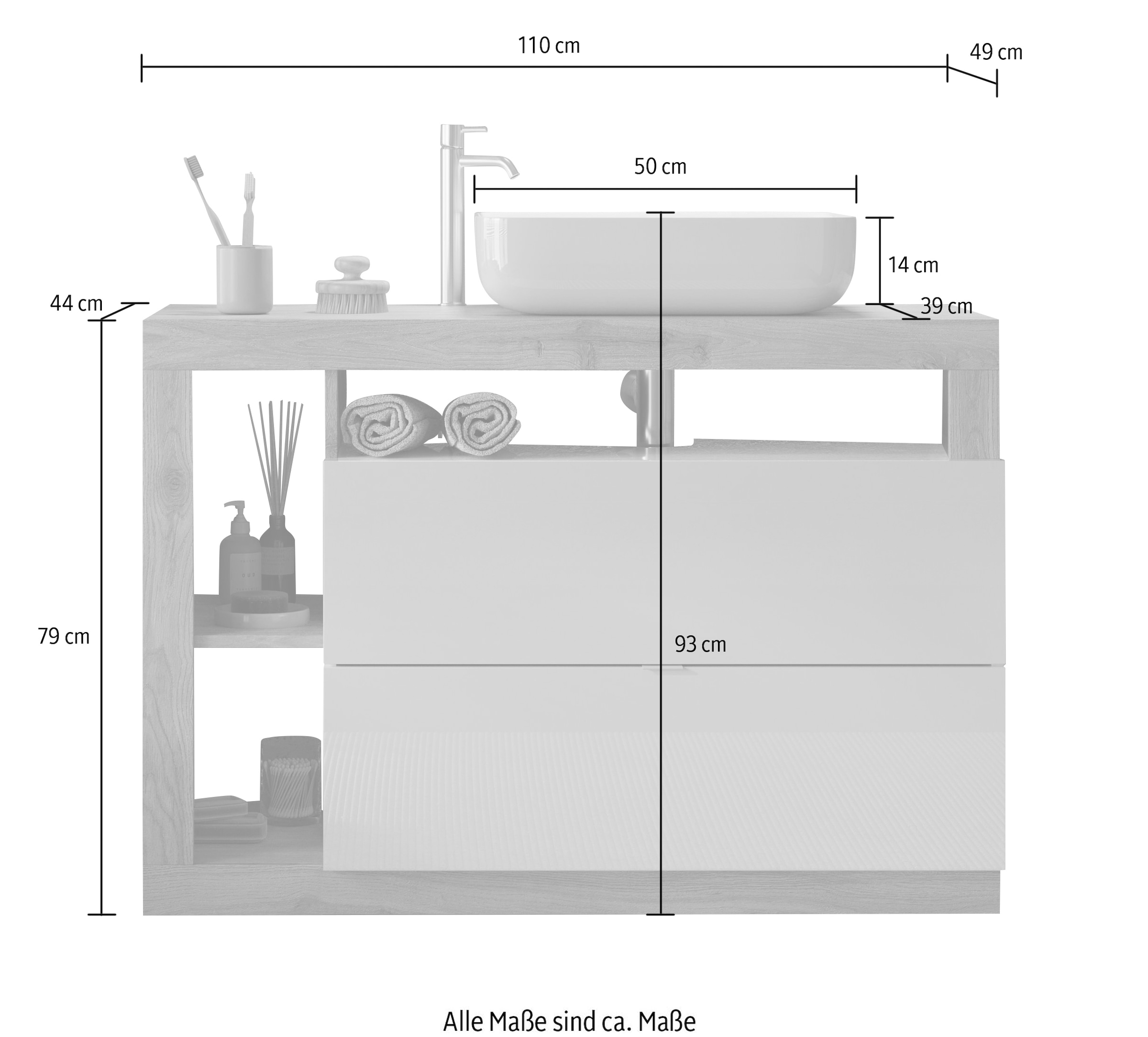 welltime Waschtisch »Hamburg« 2 Schubkästen, Breite 110 cm, Soft-Close, inkl. Keramik-Aufsatzbecken