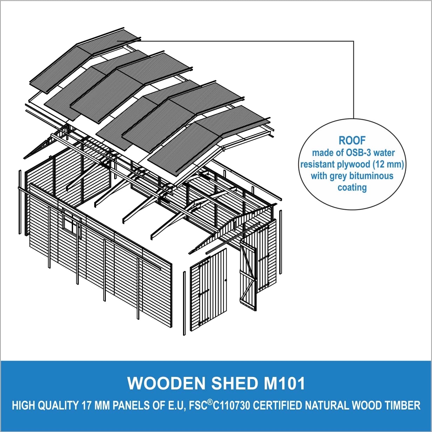 TIMBELA M101 Holzgarage - Abstellraum mit Fenstern - H222x516x324 cm/15 m² Shiplap-Schuppen aus Naturholz - Gartenwerkstatt - Auto- und Geräteschuppen