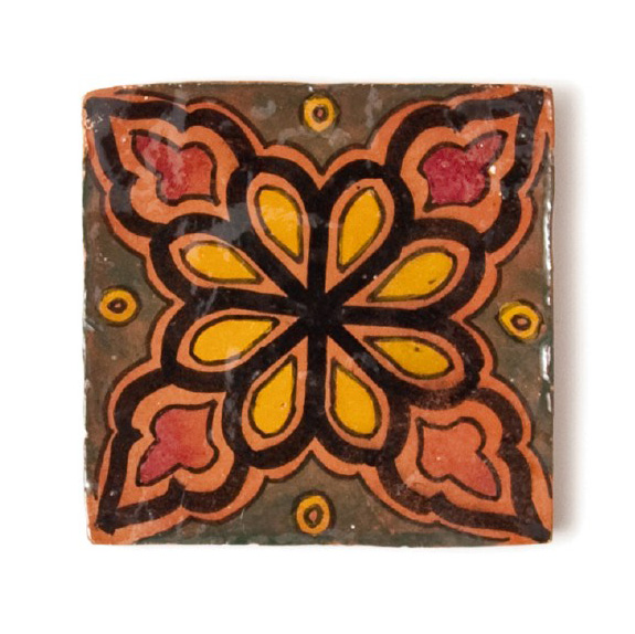 handglasierte Kachel 'fleur brune', grün/orange, L 10 cm, B 10 cm, H 1 cm von fischer's lagerhaus