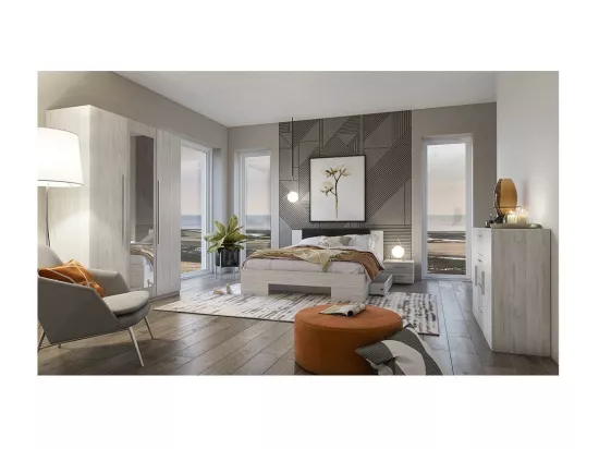 Lit adulte 180x200 collection IRINA. Chevets intégrés. Coloris gris clair et gris foncé