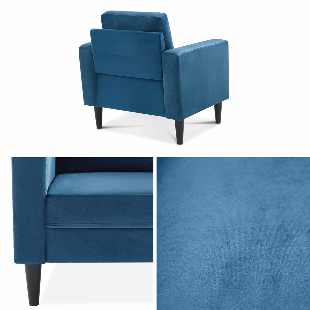 Fauteuil scandinave en velours bleu - bjorn - canapé 1 place fixe droit pieds bois