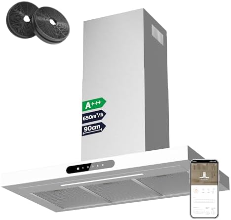 Ciarra Hotte Aspirante 90cm Silencieuse A    650m³/h   4 Vitesses et Boost   Commande Tactile et Wi Fi   Filtre à Charbon Inclus   Coins Arrondis   CBCB9102 P : Gros électroménager