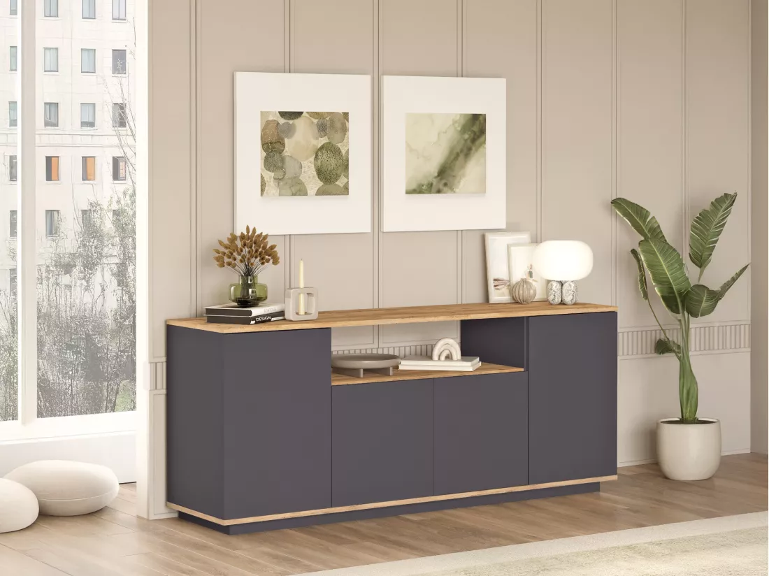 Buffet avec 4 portes et 1 étagère - Anthracite et naturel - LOTULA