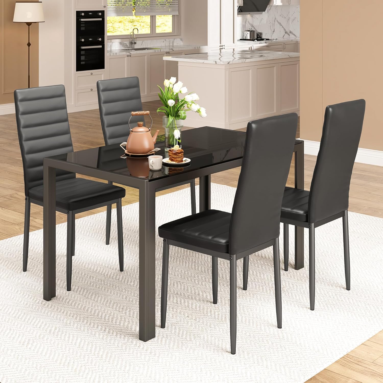 Bealife Esstisch mit 4 Stühlen Set, Esstisch und Stühle für 4 Personen, Esszimmer 6 Stühle und Tisch, Set mit Esstisch und Stühlen für Küche, Esszimmer und Wohnzimmer (Schwarz, 4stühle)