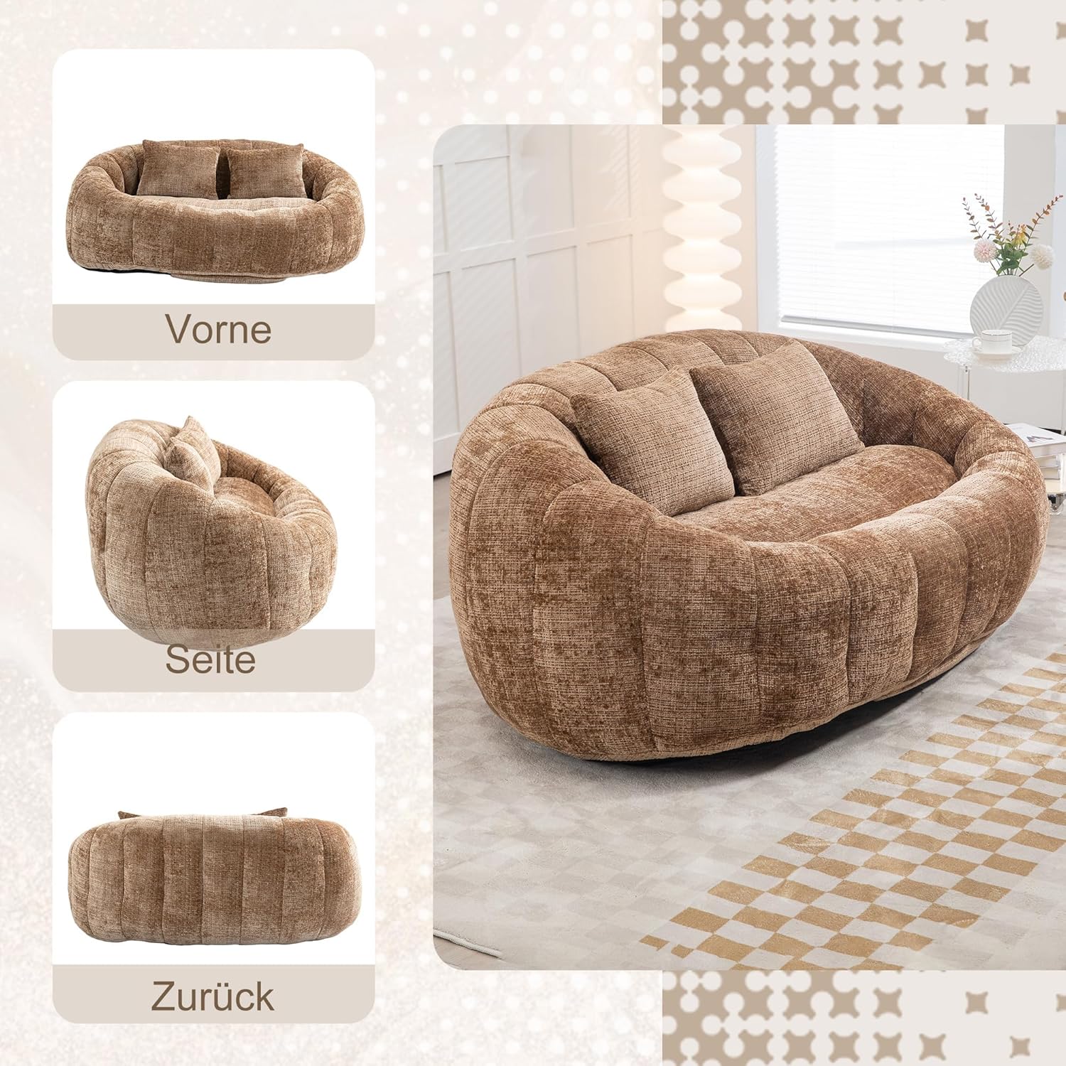 okwish Schlafsofa Sitzsack mit 2 Kissen, Relaxsessel mit Dicke Polsterung, Ecksofa, Extrabreit Lazy Sofa für Erwachsene & Kinder, Chenille-Stoff, Kaffee