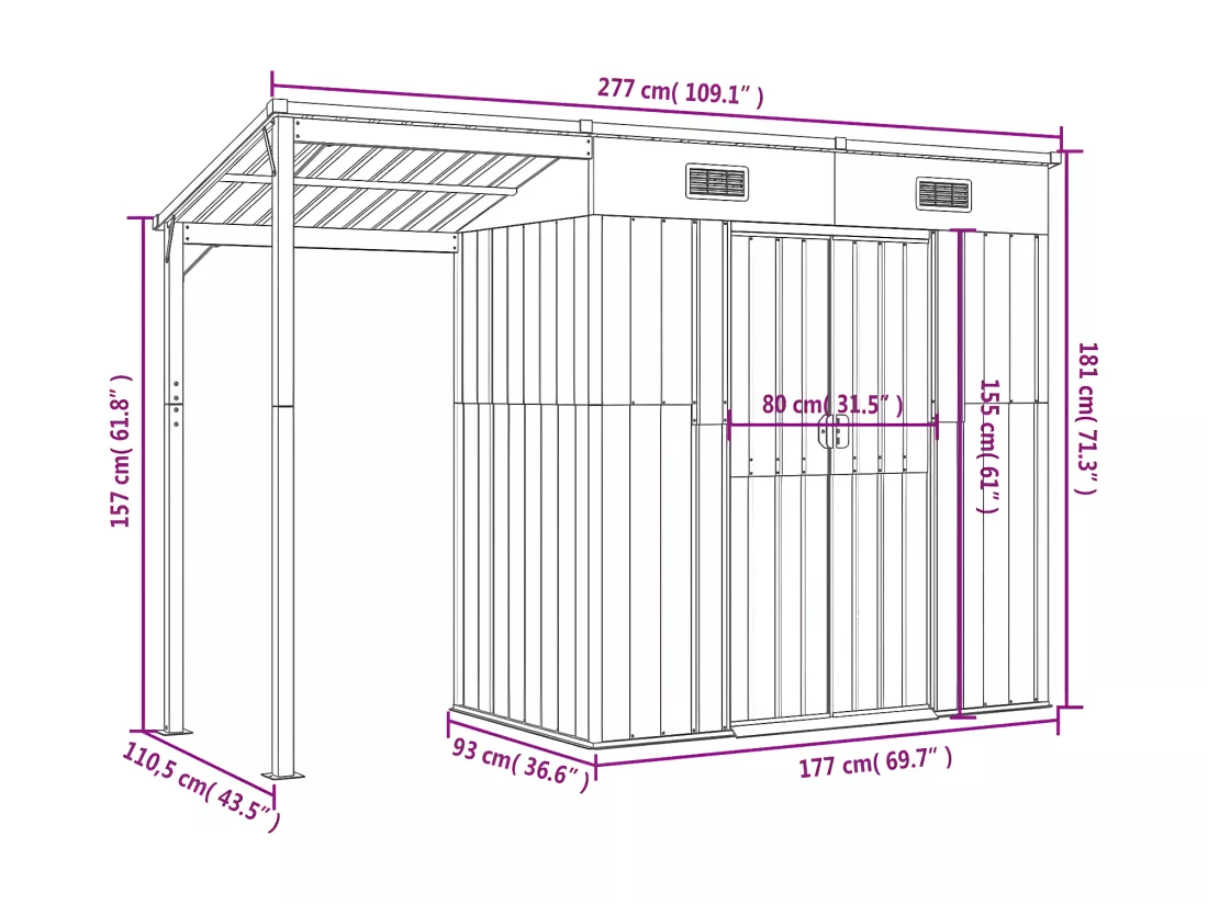 Abri de jardin avec toit prolongé anthracite 277x110,5x181