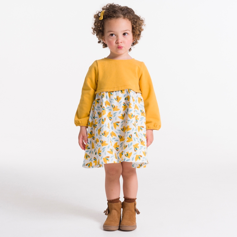 Robe bi-matière imprimée oiseaux jaune bébé fille