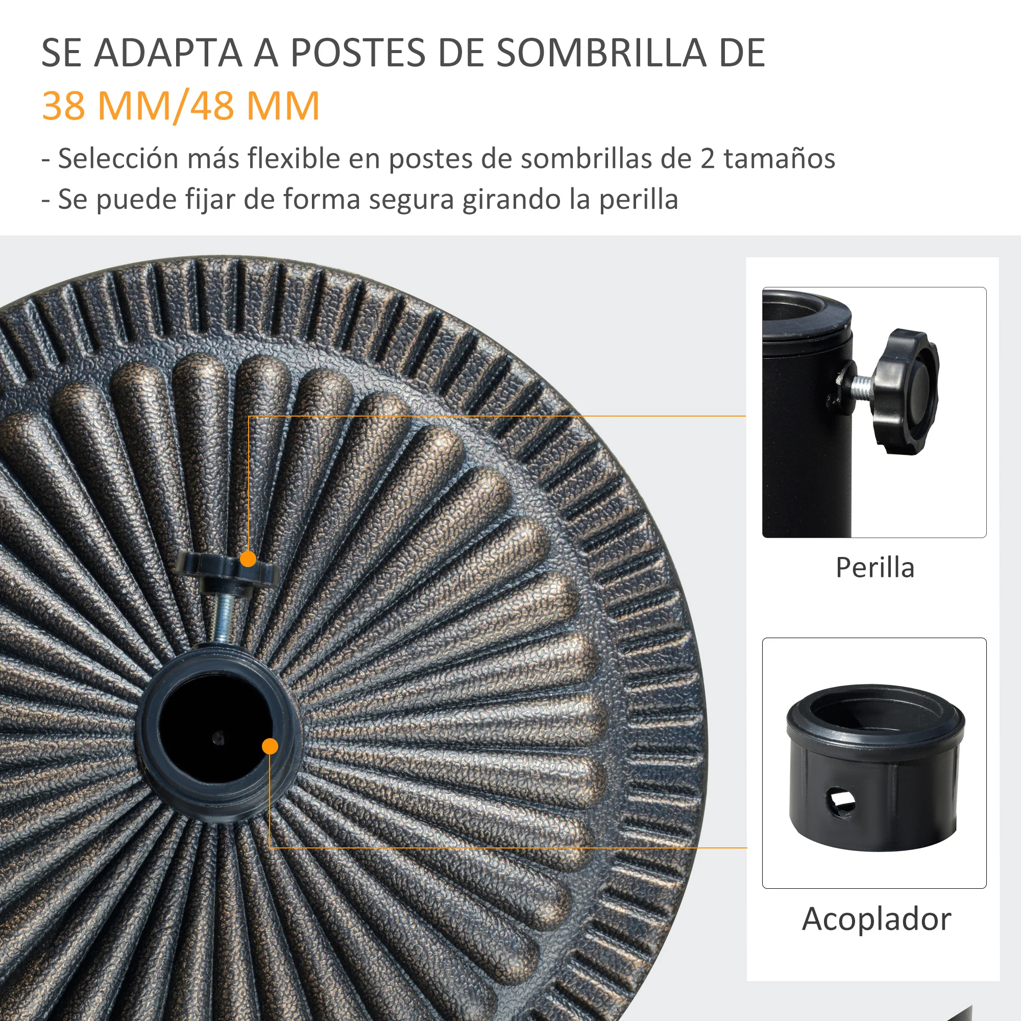 Base para guarda-sol de jardim Outsunny, peso líquido 14,28 kg, suporte redondo para guarda-sol, adequado para hastes de 38 mm/48 mm, resina e aço, para terraço, pátio ou área externa, Ø48,5 x 33 cm, bronze.