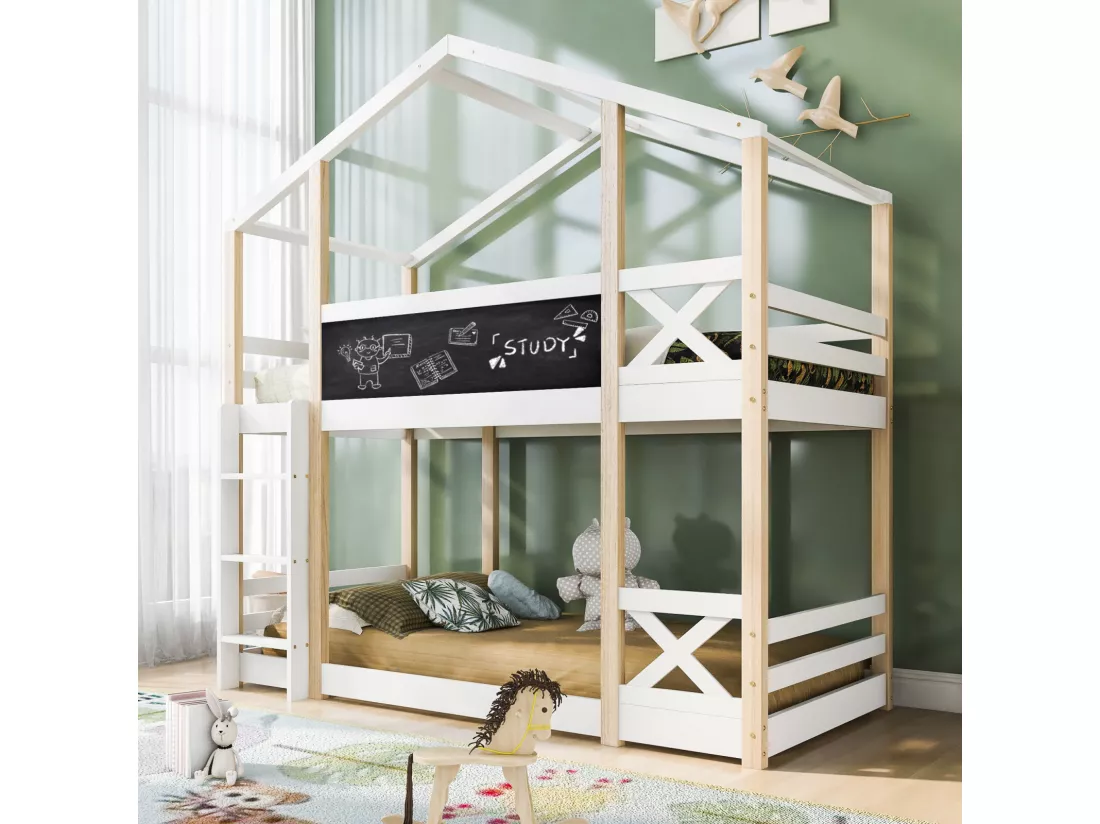 Lit superposés, Adultes, enfants, adolescents Cabane 90 x 200 cm, Toboggan, Échelle Inclinée et Protection Antichute