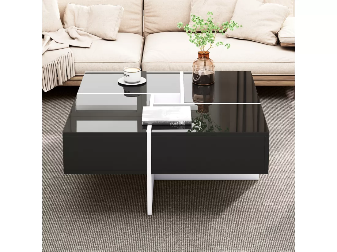 Table basse coulissante avec 4 compartiments cachés - 70 x 70 x 35 cm - panneaux de particules - noir