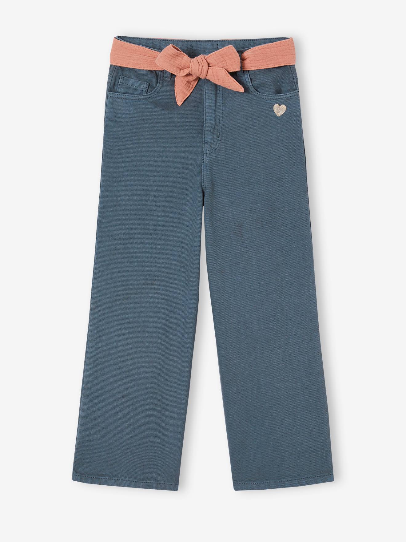 Calça boca de sino com cinto de chiffon de algodão para meninas, cor cru