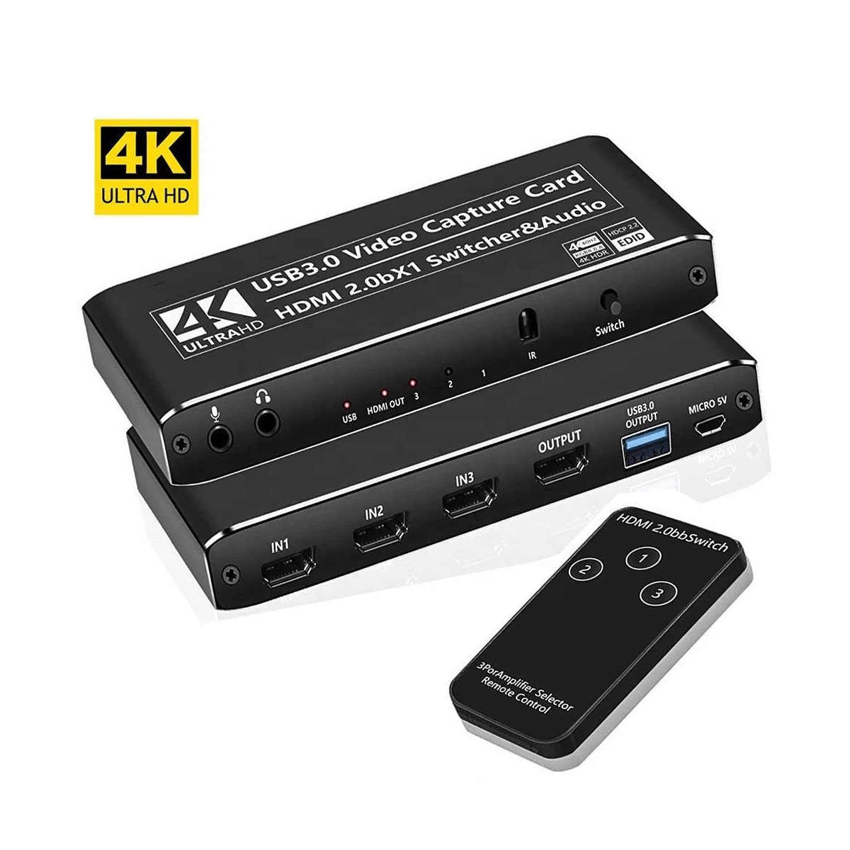 NÖRDIC HDMI Switch 3 til 1 med videoopptakskort HDMI2.0 4K60Hz USB3.1 Mikrofon og lydutgang HDMI Signalløkkeutgang HDR HDCP2.2 EDID RGB8: 8:8