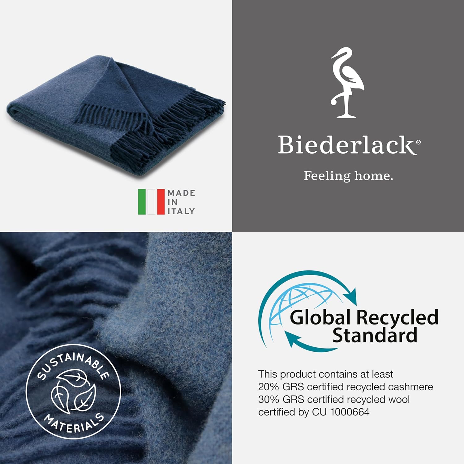 biederlack® samt weiche Kuscheldecke Wool-Mix Jeans-Marine I aus Wolle & Kaschmir I Öko-Tex Zertifiziert I Plaid in 130x170 cm | geeignet als Tagesdecke & Sofa-Decke | Wohndecke in top Qualität