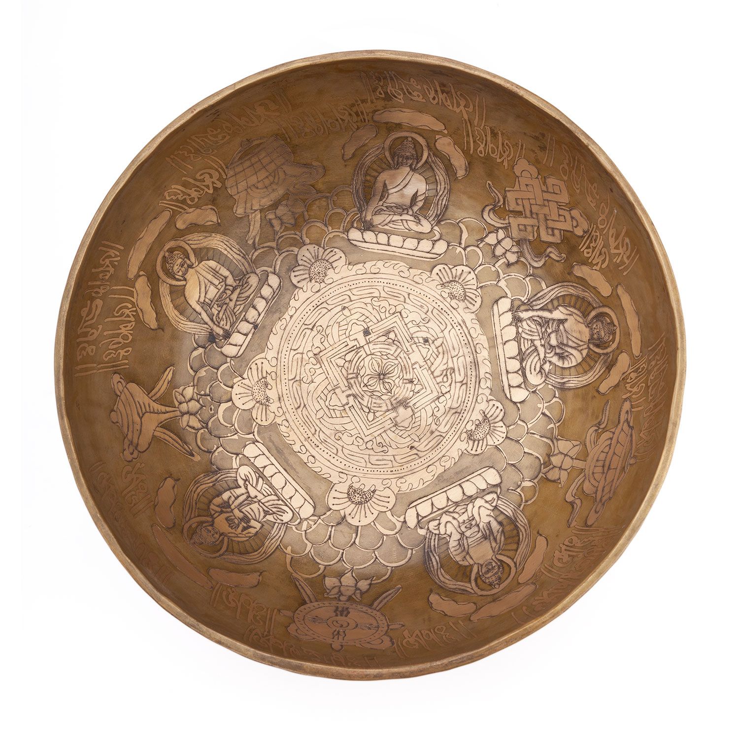 bodhi Tibetische Klangschale mit 5 BUDDHAS, inkl. Kissen, Holzklöppel, Filz-Klöppel & BW-Beutel