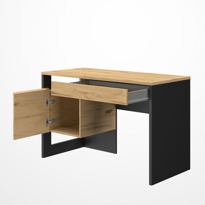 Bureau droit RUSSEL - 119 cm - 1 porte - Chêne helvezia et uni noir