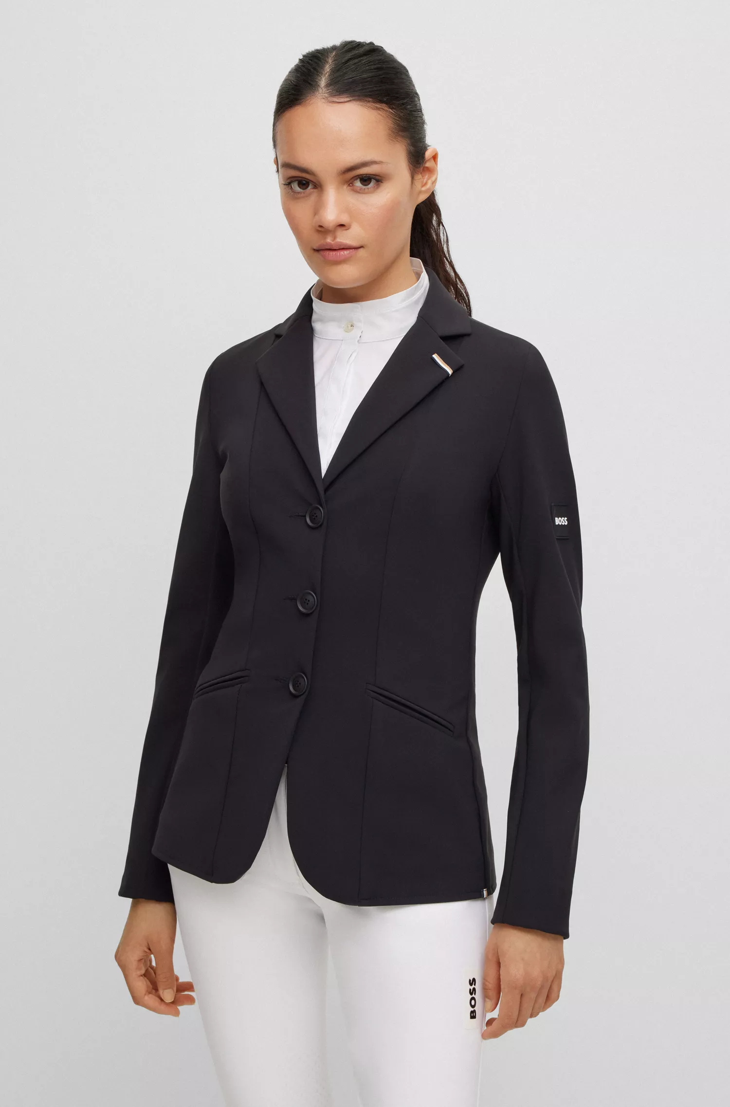 Jaqueta de competição BOSS Black-Equestrian slim-fit em tecido power stretch.