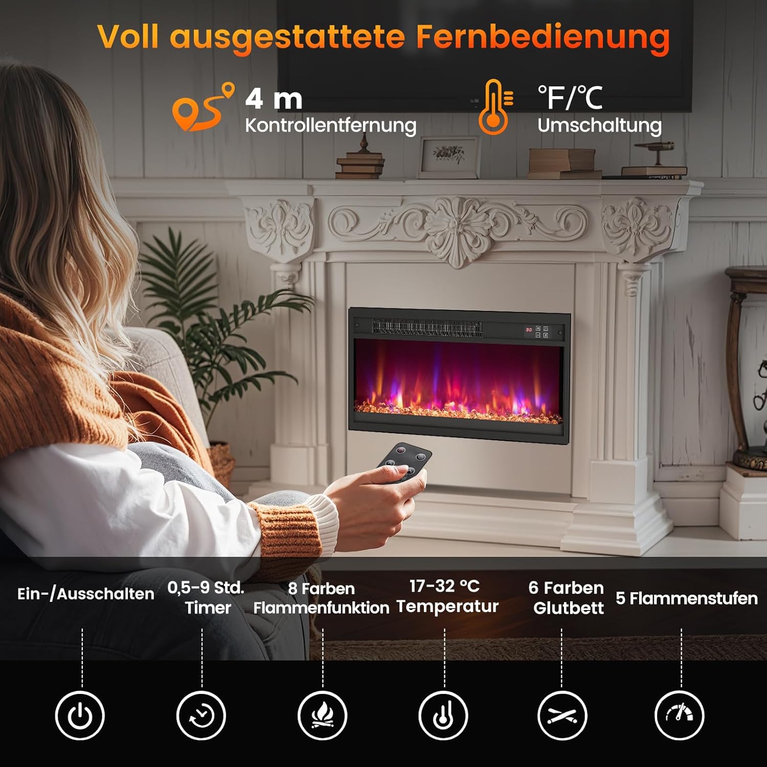 COSTWAY Elektrokamin mit Heizung 1500W, Einbaukamin mit Fernbedienung, 0,5-9H Timer, einstellbare 3D-Flammeneffekt, Wandkamin mit 17℃-32℃ Thermostat (49 x 12 x 45 cm, 18 Zoll)
