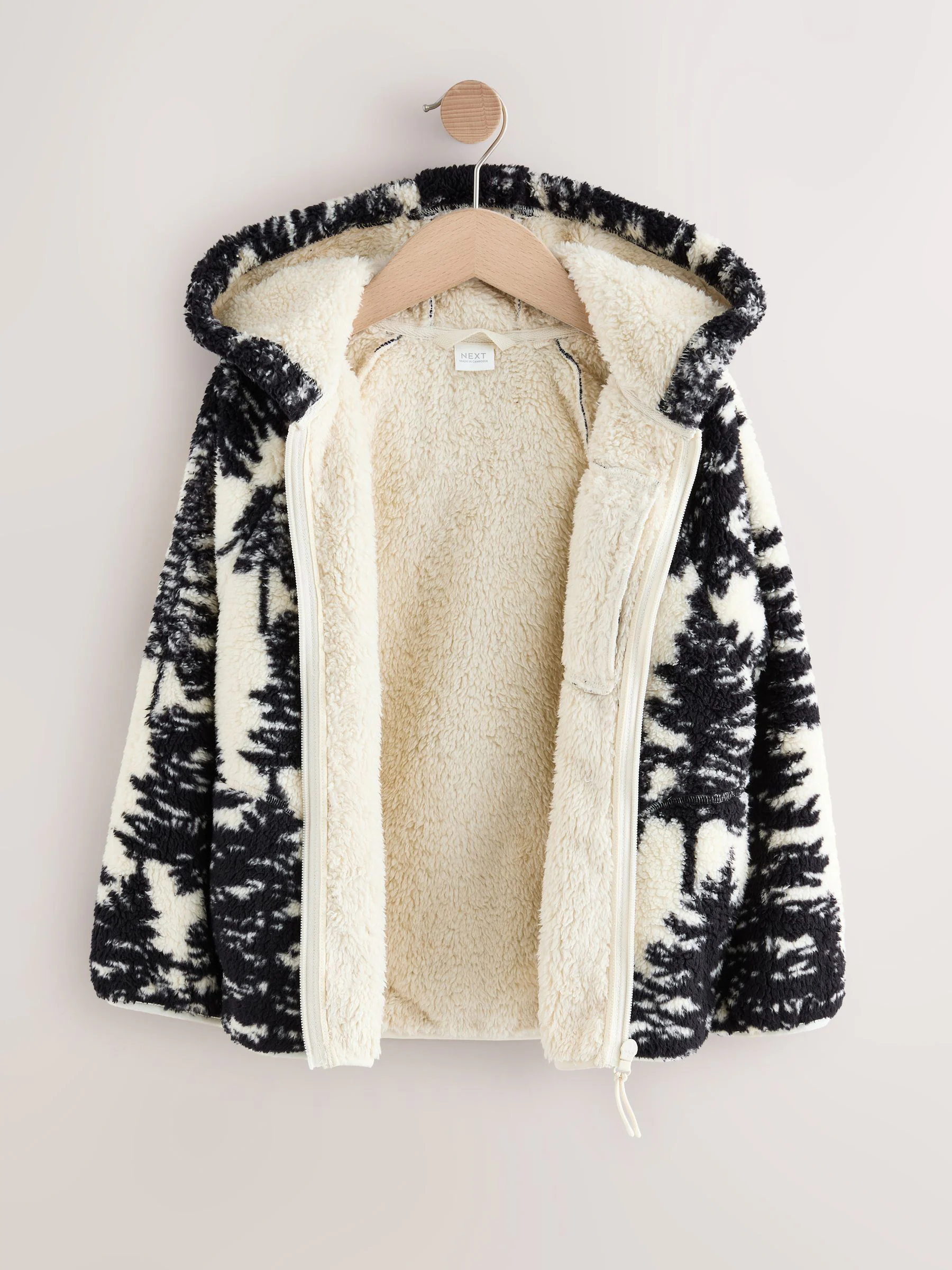 Black/Cream Tree Print - Matching Family Hooded Zip Borg Fleece Jacket (3-16yrs)