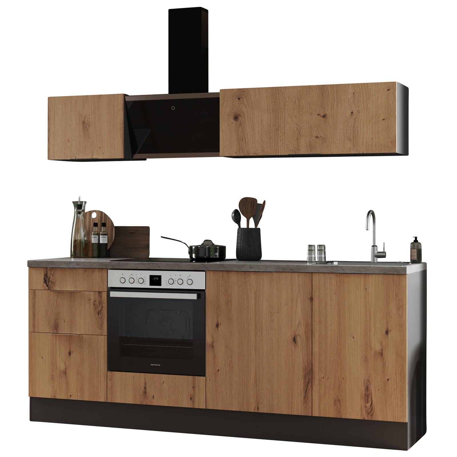 RESPEKTA Küchenblock - Artisan Eiche - grau matt - mit E-Geräten - 220 cm