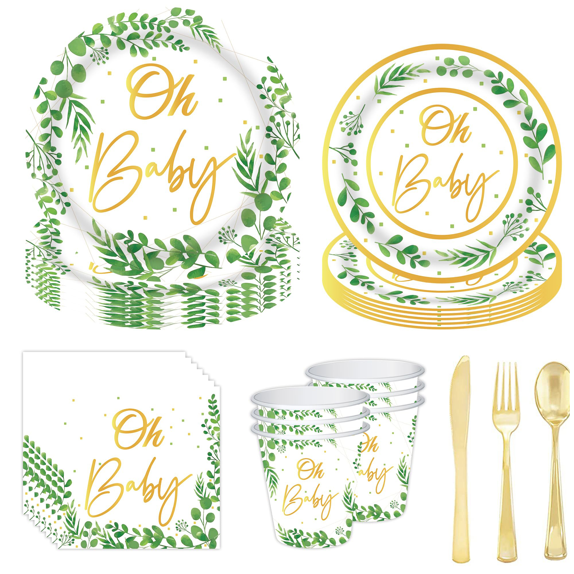 (112-tlg. Set) Baby Shower Einweg Geschirr Gender Reveal Party Tisch Deko inkl. Teller / Servietten / Papp Becher / Besteck - Oh Baby