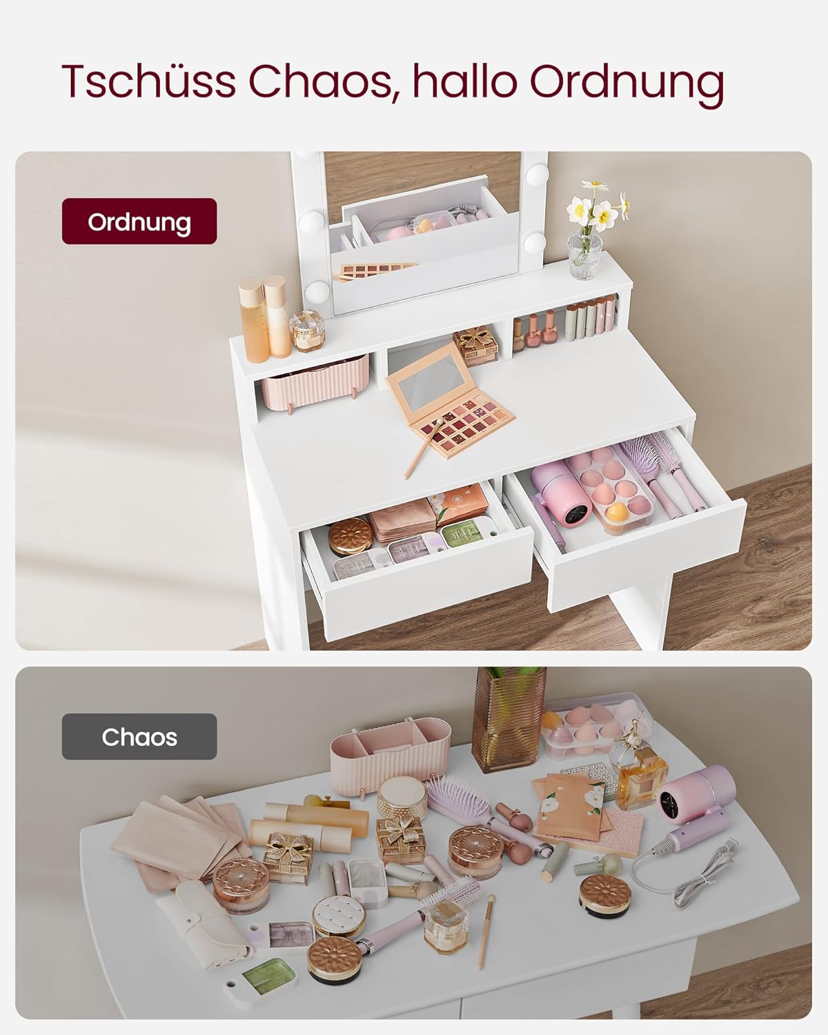 VASAGLE Schminktisch mit LED-Beleuchtung, Sitzhocker, Kosmetiktisch mit 2 Schubladen und 3 offenen Fächern, Makeup-Hocker aus Samt, für Schlafzimmer, weiß und mattweiß-pastellrosa RDT714W01