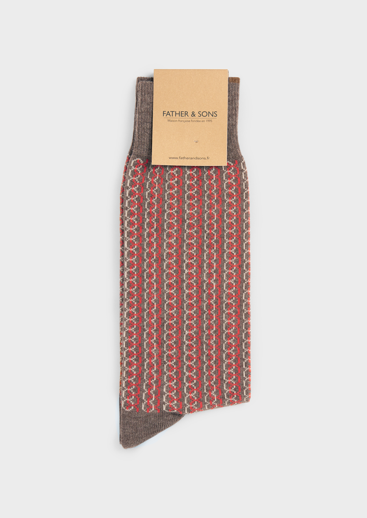 Chaussettes en coton bio mélangé marron glacé à motif fantaisie rouge et écru