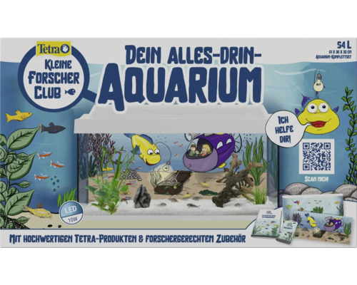 Tetra Little Explorers Club aquarium inclusief witte afdekking met 10W LED-verlichting, binnenfilter, verwarming, achtergrondfolie, voer, waterconditioner en net. Circa 54 l, ca. 61 x 31 x 30,8 cm.