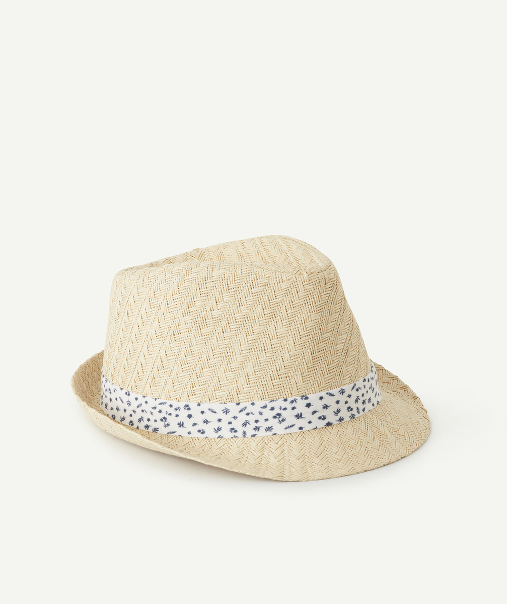 chapeau de paille garçon avec ruban imprimé feuilles