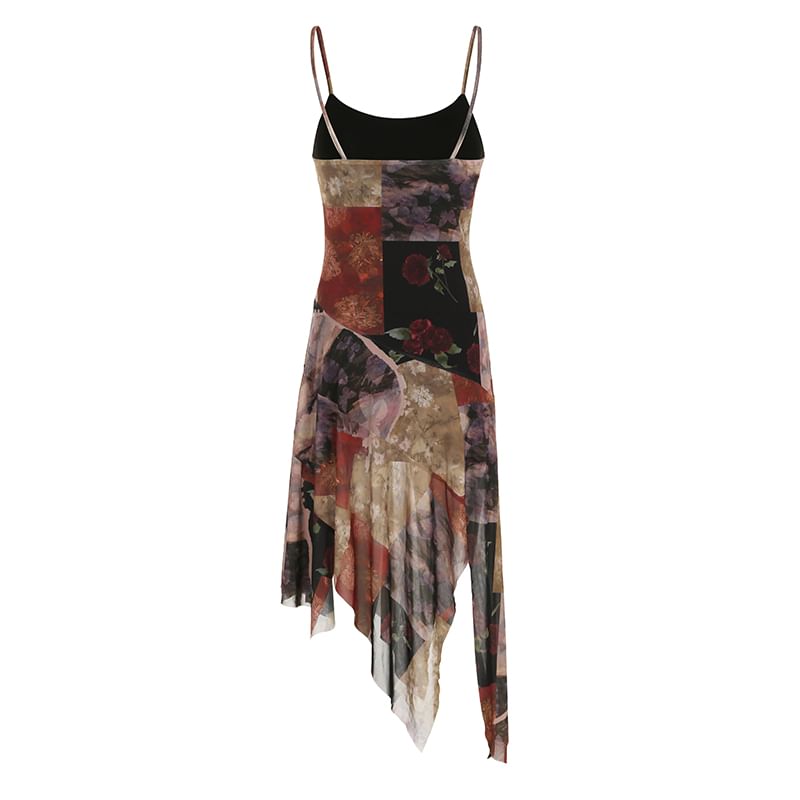 Honey River - Asymmetrische mesh midi-A-lijnjurk met spaghettibandjesprint