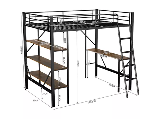 Lits superposés 90x200cm lit mezzanine avec bureau et trois grandes étagères noir