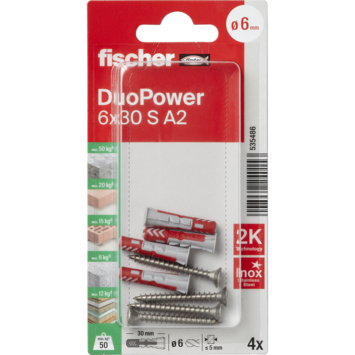 Fischer Universeelplug DuoPower 6x30mm met RVS schroef 4 stuks