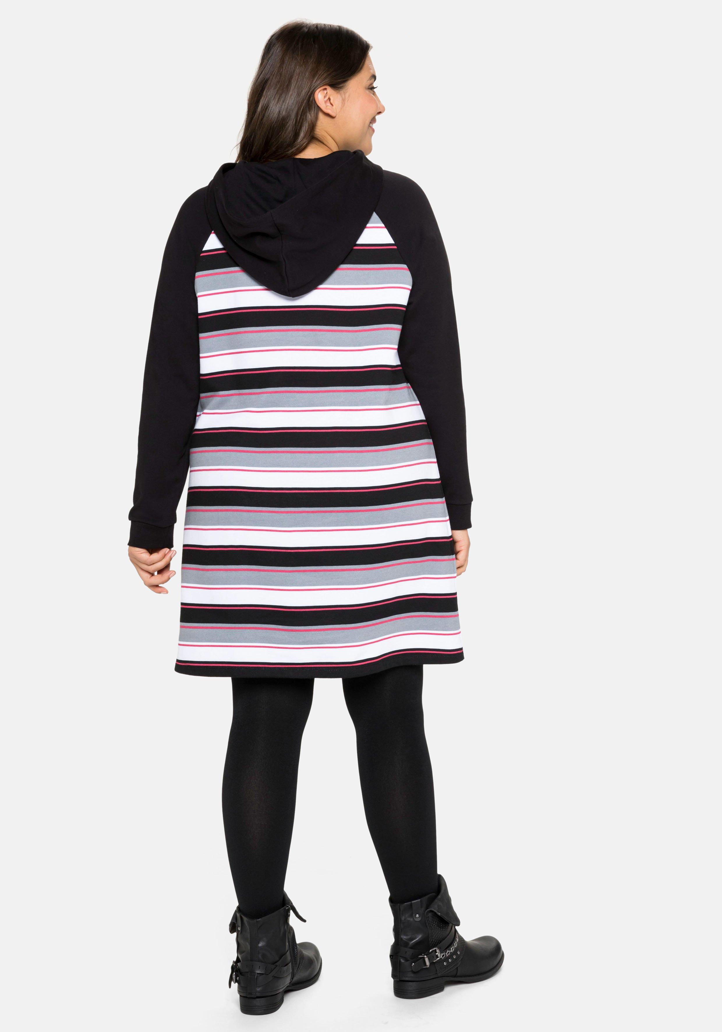 Sweatkleid mit Ringeln, Kapuze und Reißverschluss