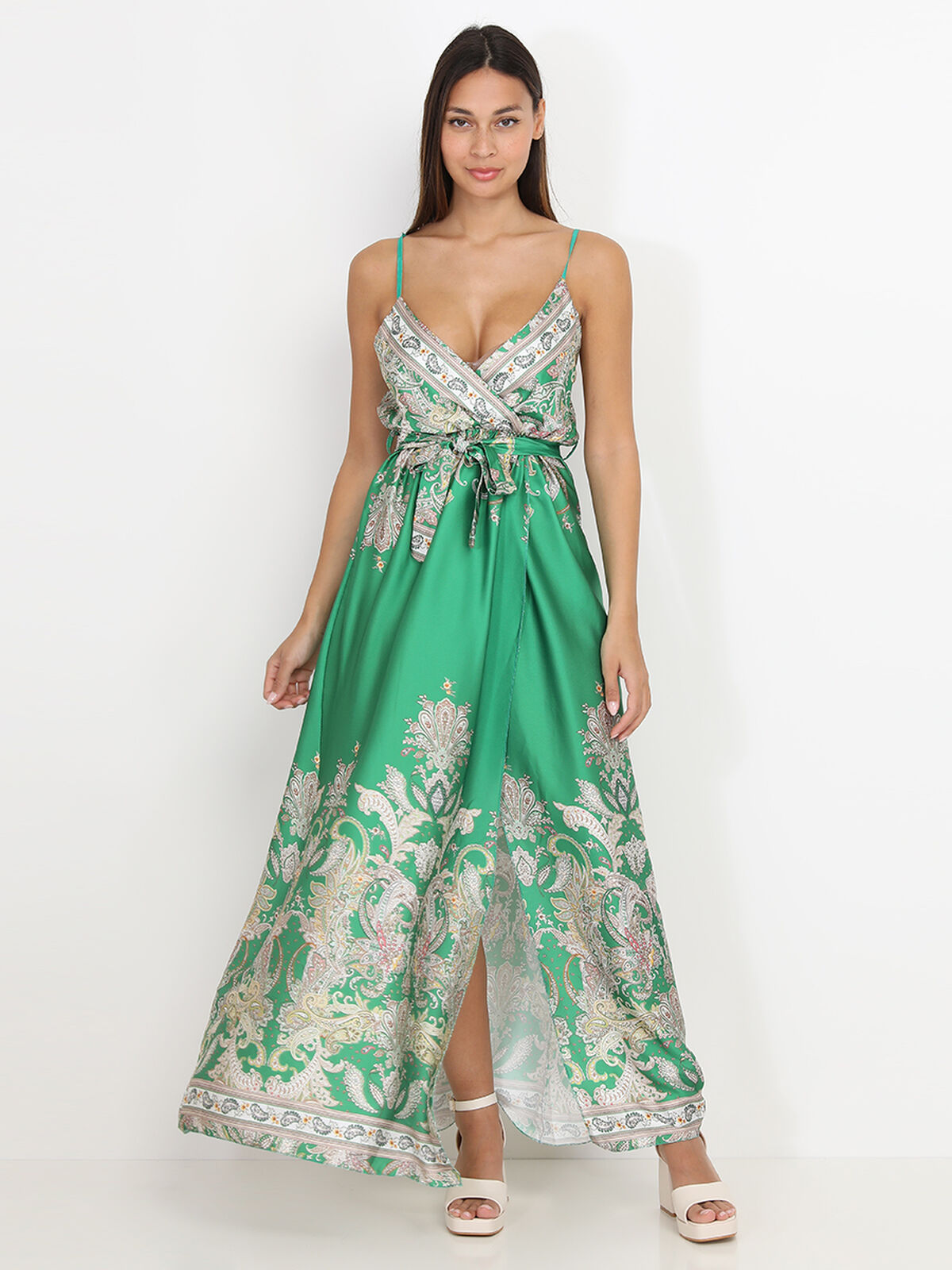 Robe portefeuille fendue à motif cachemire- Vert